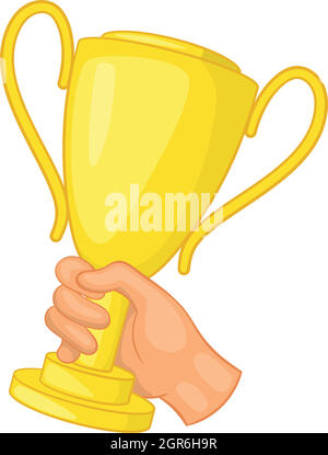 Hand holding gold trophy cup icon, cartoon style Stock Vector