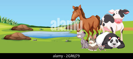 Many animals by the pond Stock Vector