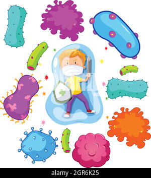 Boy with sword and sheild fighting bacteria Stock Vector