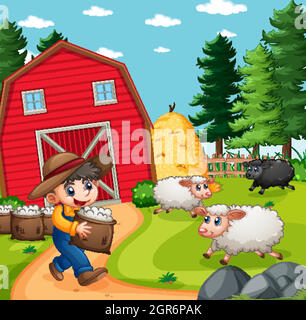 Farmer boy with animal farm sheep in farm scene Stock Vector