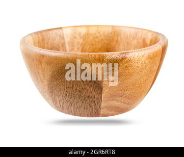 Empty wooden bowl isolated on white background, clipping path. Stock Photo