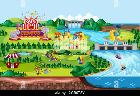 Theme amusement park landscape scene and many rides with happy children Stock Vector