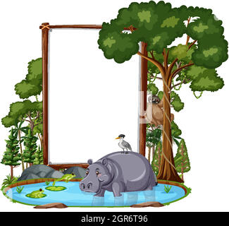 Empty banner with wild animals and rainforest trees on white background ...