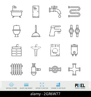 Plumbing, sanitary engineering related vector line icon set isolated on white. Pixel perfect design. Editable stroke. Adjust line weight. Expand to an Stock Vector