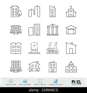 Buildings, houses related vector line icon set isolated on white. Pixel perfect design. Editable stroke. Adjust line weight. Expand to any size. Chang Stock Vector