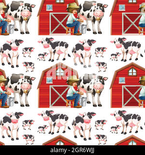 Seamless background  with cows and farmers Stock Vector