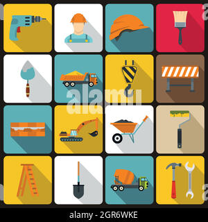 Construction icons set in flat style Stock Vector