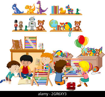Scene with many kids playing toys in the room Stock Vector