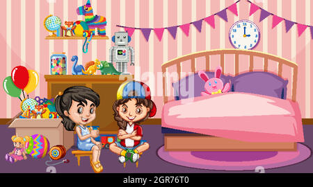 Scene with two girls playing in bedroom Stock Vector