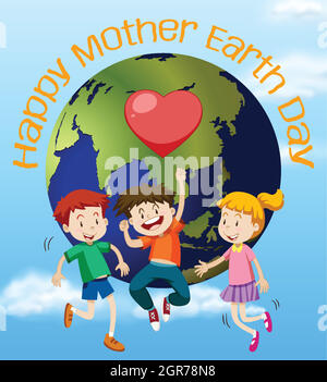 Poster design for happy mother earth day with happy children on earth Stock Vector
