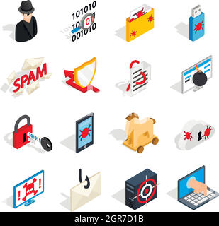 Hacking icons set, isometric 3d style Stock Vector