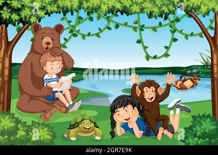 Children with wild animals scene Stock Vector