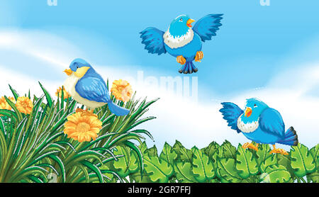 Birds flying in the garden Stock Vector