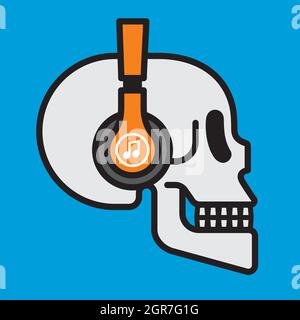 Skull wearing wireless headphones badge design. Vector illustration of human skull listening to music with modern headphones over ears. Stock Vector