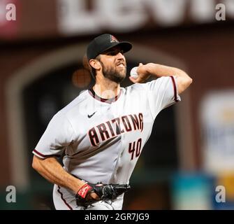 Arizona Diamondbacks starting pitcher Madison Bumgarner reacts