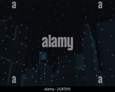Wireframe of a city with skyscrapers made of blue lines with glowing lights on a dark background. Vector illustration. Stock Vector