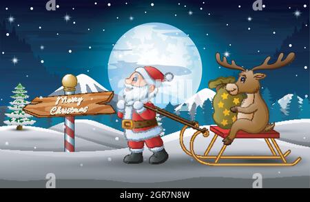 Cartoon funny santa claus pulling a sleigh with a deer with sack of presents Stock Vector