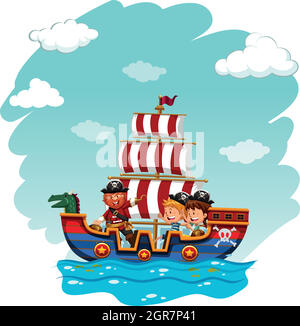 Children riding on viking boat Stock Vector