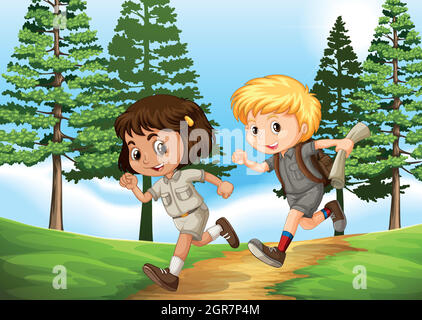 Boy and girl running in the park Stock Vector