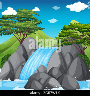 Waterfall scene with big mountains in background Stock Vector