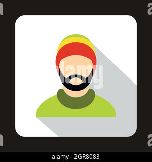 Man wearing rastafarian hat icon, flat style Stock Vector