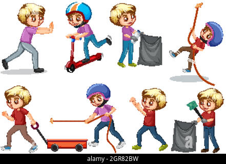 Boy doing different activities on white background Stock Vector