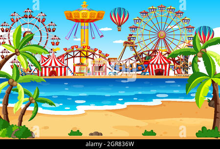 Themepark scene with many rides by the beach Stock Vector