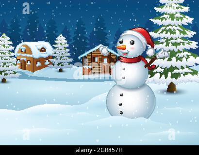 Snowman in front of the housing scene Stock Vector