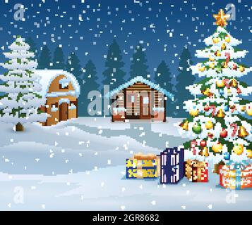Scene with wooden house in the snow field illustration Stock Vector ...