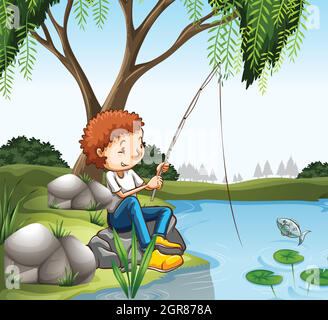 Happy boy fishing in pond illustration Stock Vector Image & Art