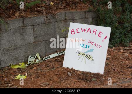 A handmade sign on a sidewalk warning of a nearby yellow jacket nest. Stock Photo