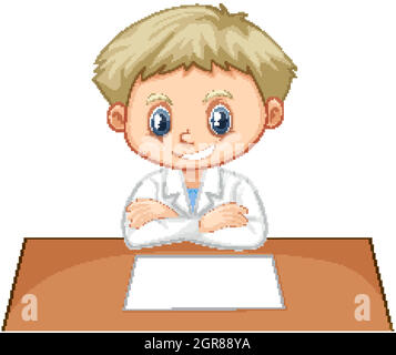 Boy in science gown sitting on the desk Stock Vector