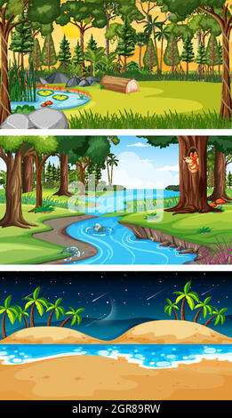 Set of different types of forest horizontal scenes Stock Vector