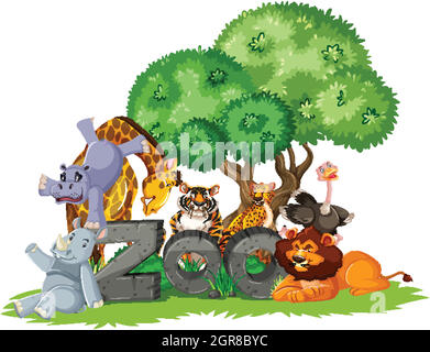 Group of animals under the tree with zoo sign Stock Vector