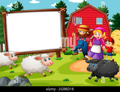 Blank banner in farm scene with happy family and many sheeps Stock Vector