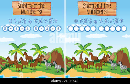 Subtraction number mth educational game Stock Vector