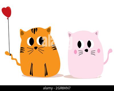 Cute cartoon with two cats with romantic mood, boy cat use tail to hold small heart shape balloon, looking at girl pink cat, isolated cartoon cat on w Stock Photo