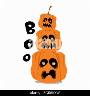 Stack of three pumpkins together, cartoon Halloween pumpkins with Boo, isolated cartoon on white background. Stock Photo