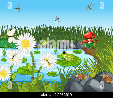 Many green frogs and dragonfly in the pond scene Stock Vector