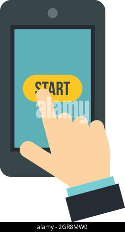 Hand presses on start button in smartphone icon Stock Vector