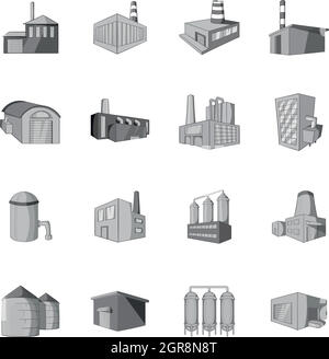 Factory, plant icons set, black monochrome style Stock Vector