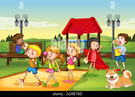 Playground scene set with many kids doodle cartoon character isolated ...