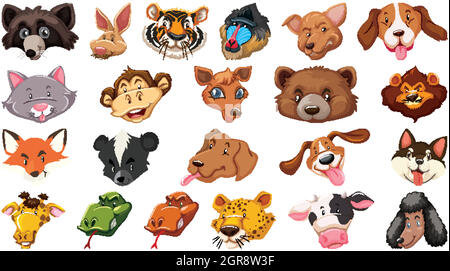 Set of different cute cartoon animals head huge isolated on white background Stock Vector