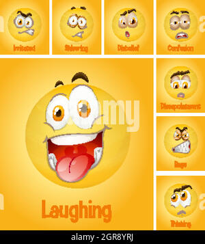 Set of different faces emoji with its description on yellow background Stock Vector
