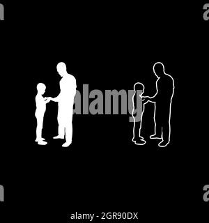 Man transmits thing to boy Father Male give book gadget smartphone son children take something Dad relationship Family concept Child friendship toddler daddy silhouette white color vector illustration solid outline style image Stock Vector