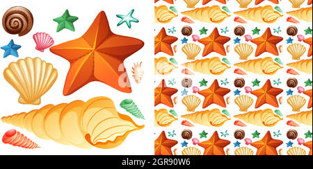 Seamless background design with isolated set of seashells and starfish Stock Vector