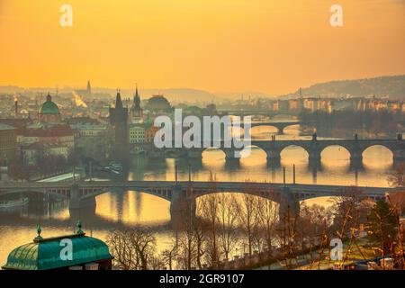 Prague Bridges Panorama During Mist Fog Morning Sunrise Warm Light Red Sky