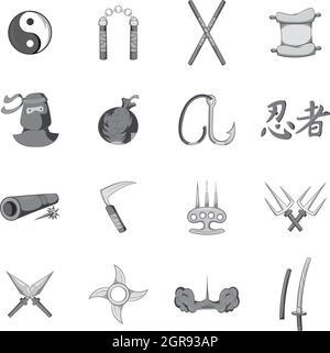 Ninja icons set, black monochrome style Stock Vector