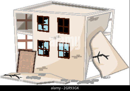 Broken Building damaged by earthquake isolated on white background ...