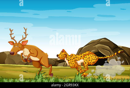 Leopard hunting deer in cartoon character on the forest background Stock Vector